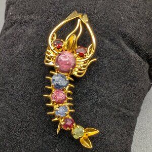 10K Gold & Gemstone Shrimp Brooch. Garnet, Ruby, Sapphire, Peridot(raw&Polished)